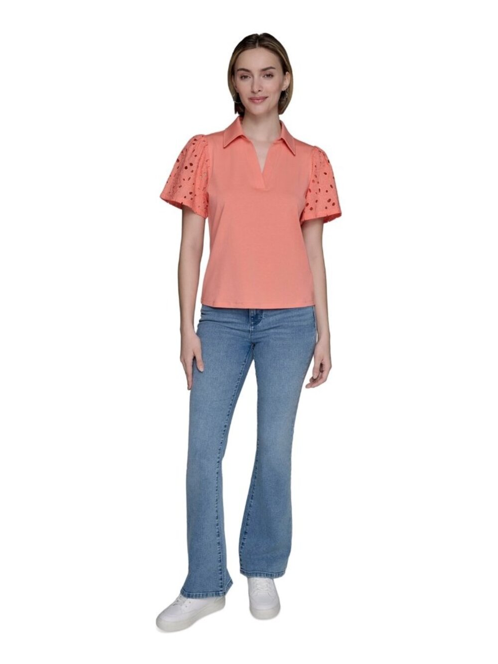 KARL LAGERFELD Cotton Women's Mixed-Media Eyelet Knit Top Coral Red Size XS $89